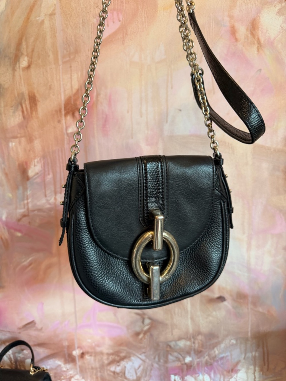 Black Leather Crossbody Bag with Gold Ring Accent